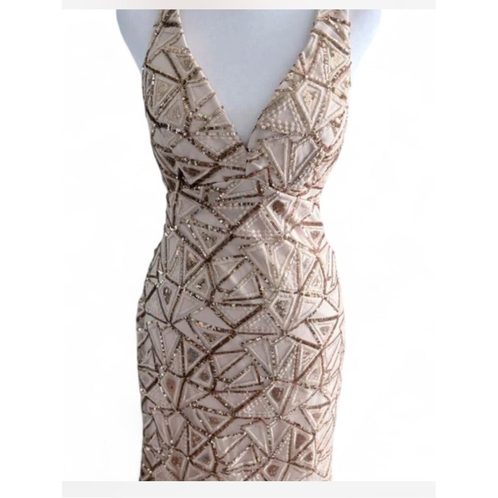 Morgan & Co Champagne Gold Sequin Open Back Gown Formal Evening Dress - Picture 8 of 15